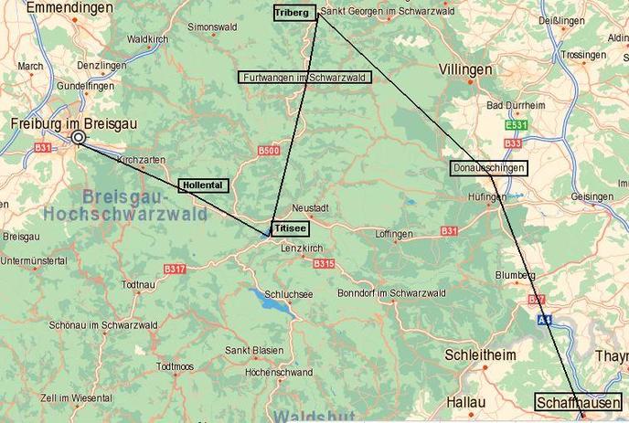 Carte de la Forêt Noire avec le tracé de notre périple